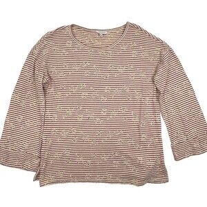 Lucky Brand Top Eyelet Striped Knit Ivory Red Sweet Boho Girly Soft Roll Cuff S